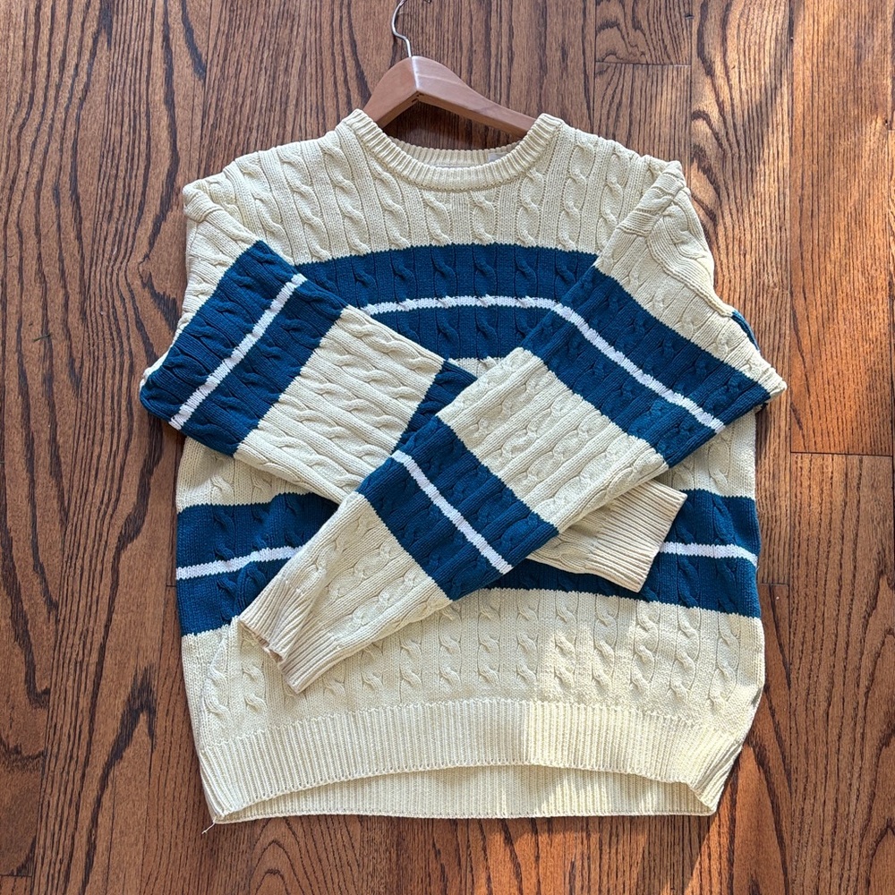 Cream Yellow and Blue Cable Knit Sweater